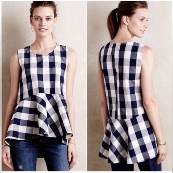 Anthropologie navy  checked, sleeveless top - Picture 3 of 10